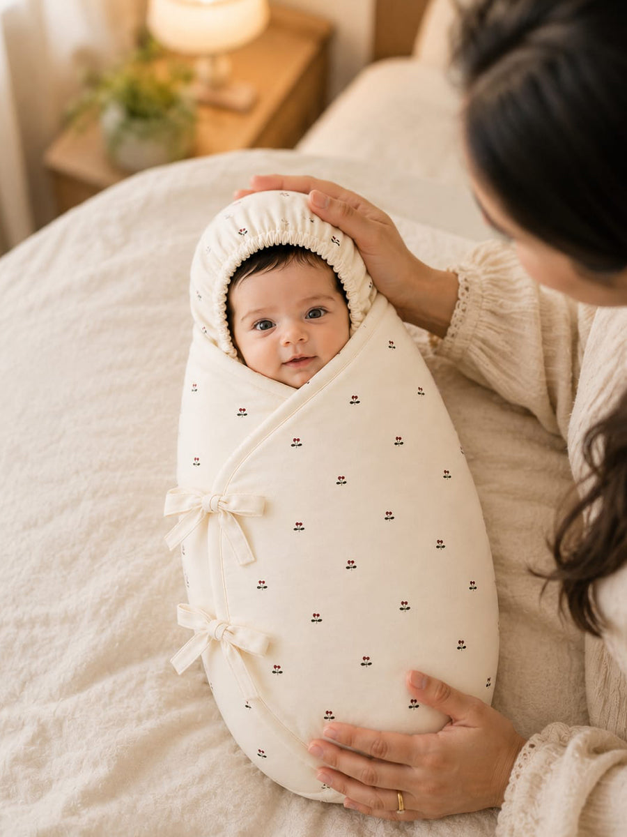 Ziva Organic Cotton Baby Egg Wrap with Hood & Adjustable Side Ties – Cream Cherry Print