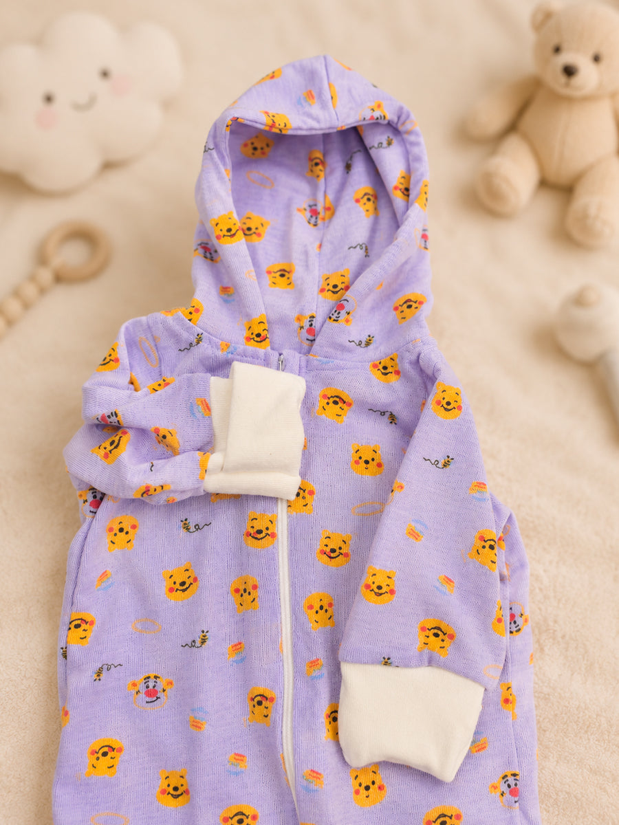 Ziva Hooded Knitted Cotton Baby Sleepsuit – Teddy & Koala Print | Soft Lavender Purple