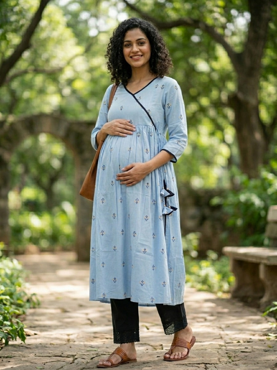 Powder Blue Cotton Block Print Maternity & Nursing Kurta Set with Adjustable Black Pant