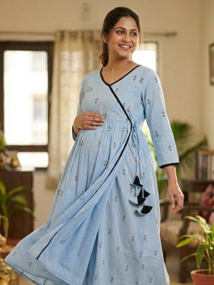 Powder Blue Cotton Block Print Maternity & Nursing Kurta Set with Adjustable Black Pant