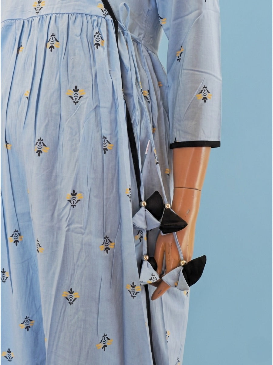 Powder Blue Cotton Block Print Maternity & Nursing Kurta Set with Adjustable Black Pant