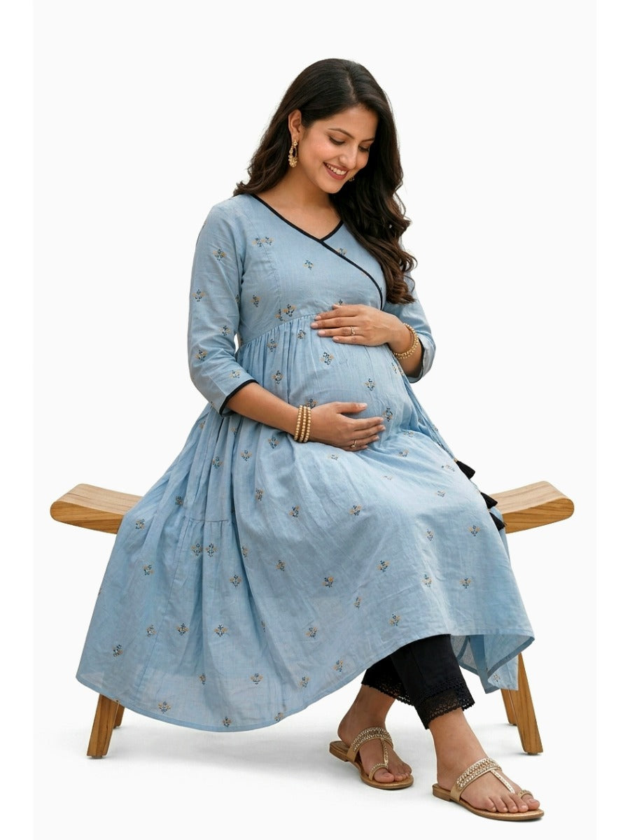 Powder Blue Cotton Block Print Maternity & Nursing Kurta Set with Adjustable Black Pant