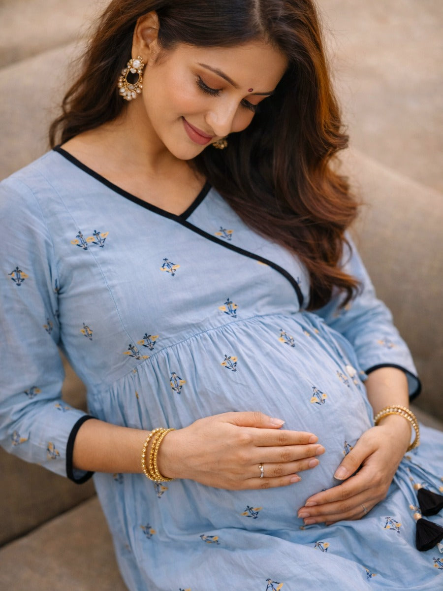 Powder Blue Cotton Block Print Maternity & Nursing Kurta Set with Adjustable Black Pant