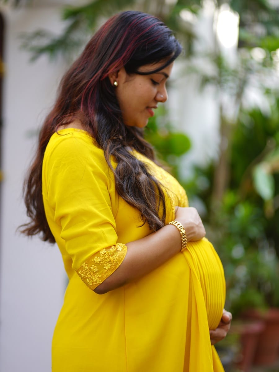 Sunshine Elegance Yellow Maternity Party-Wear Dress with D-Net Yoke