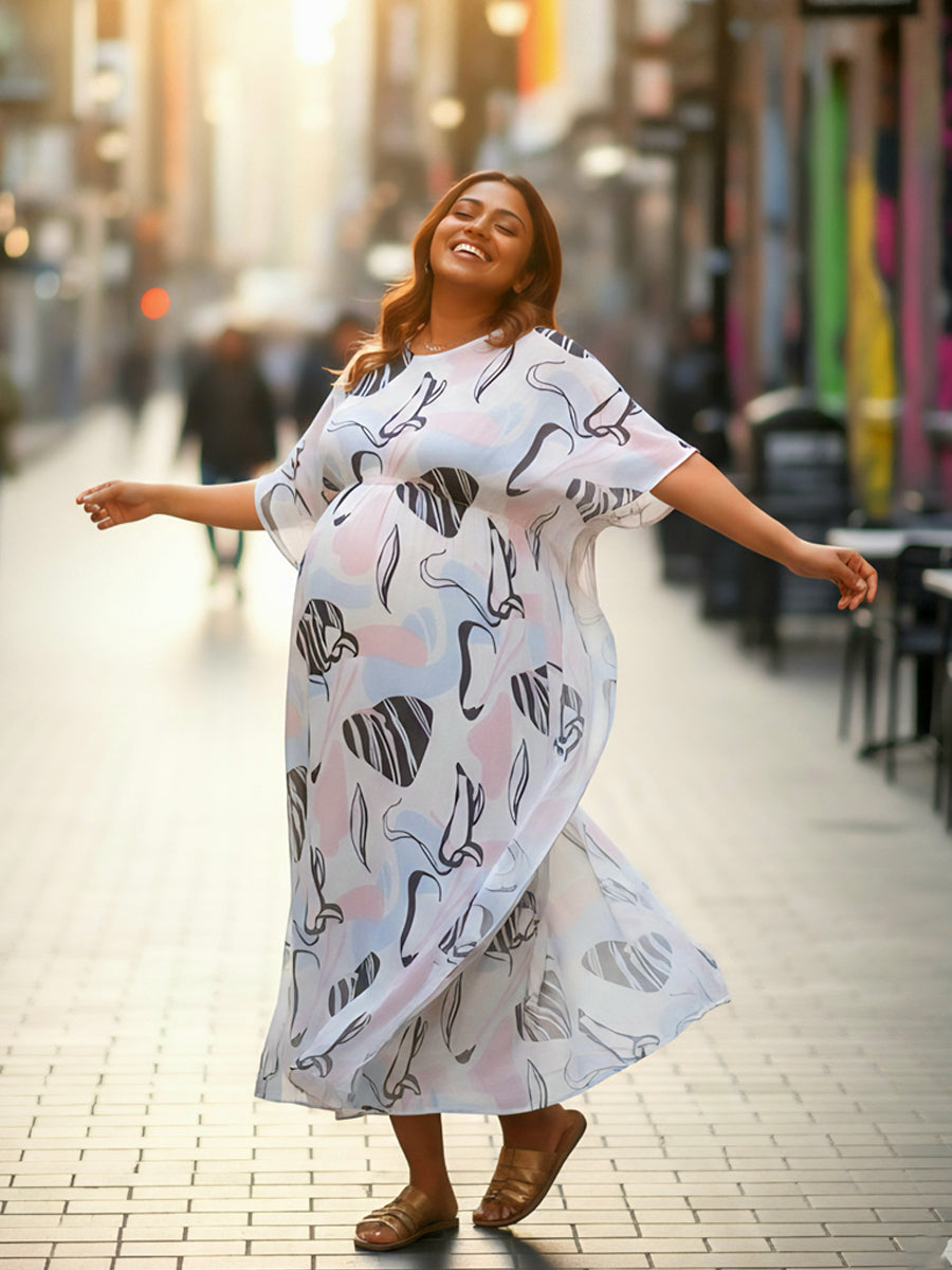 Maternity & Feeding Kaftan with Abstract Print in Blush Pink, Powder Blue & Deep Black | Ziva