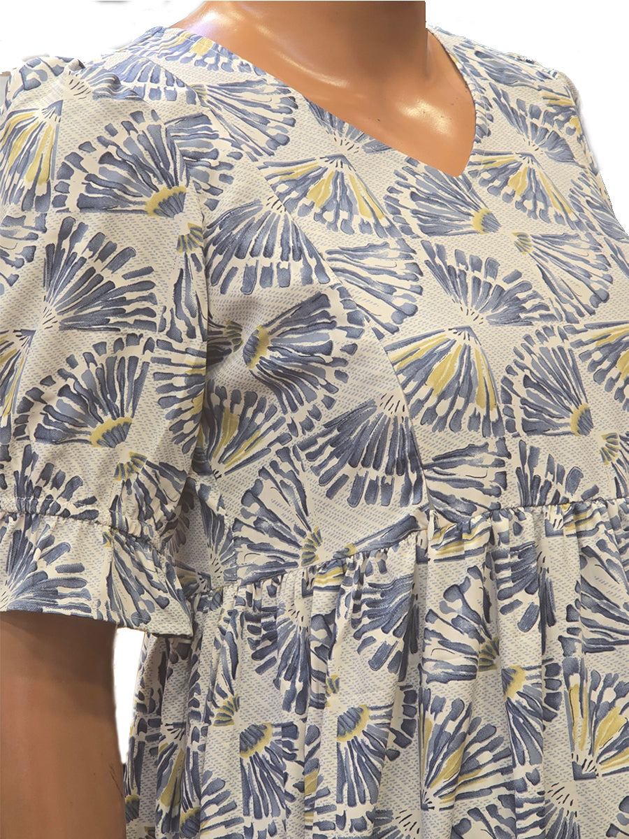 Off-White & Blue Floral Block Print Maternity & Nursing Dress