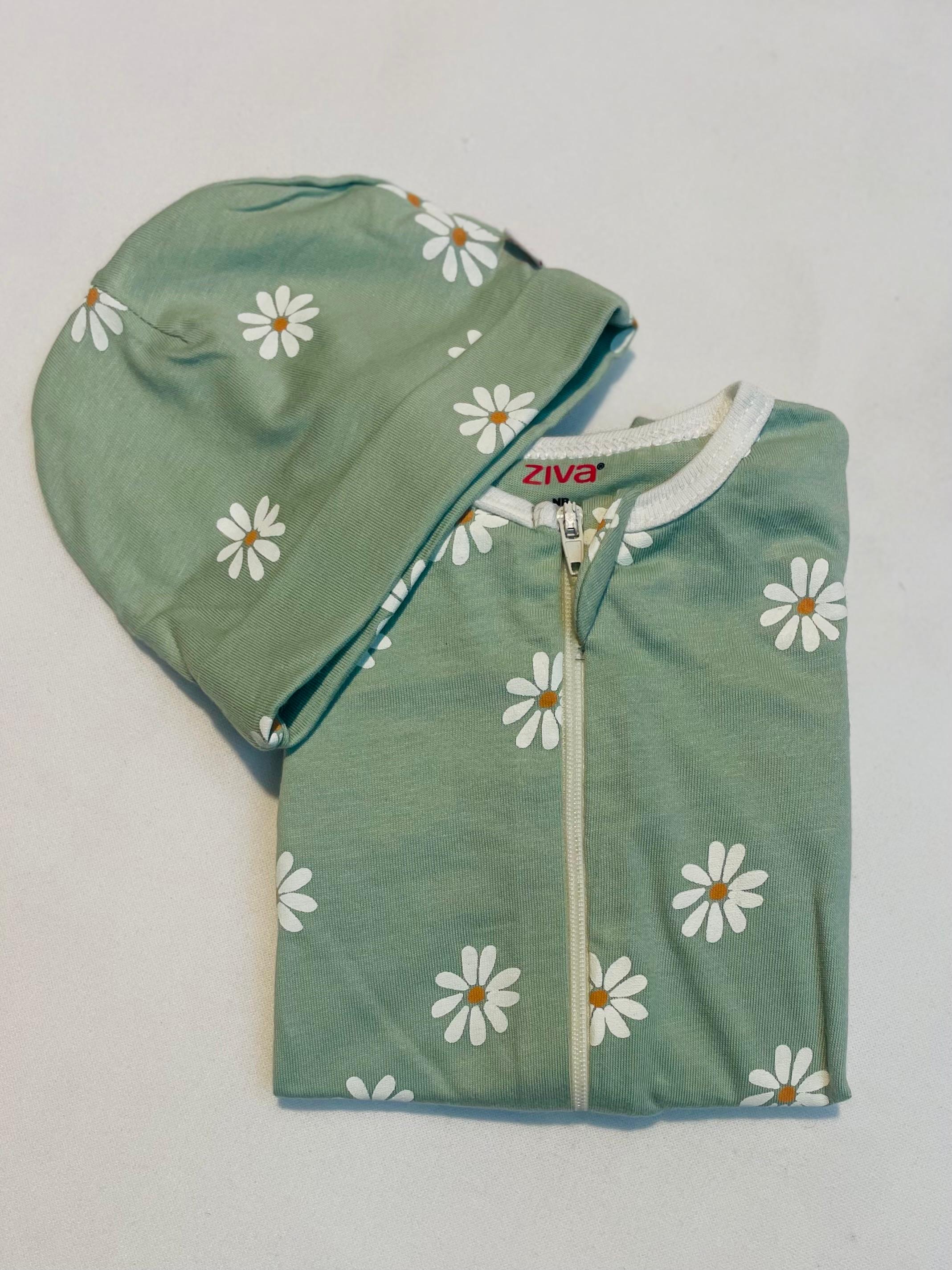 Infant Flower Print Sleepsuit/Cap