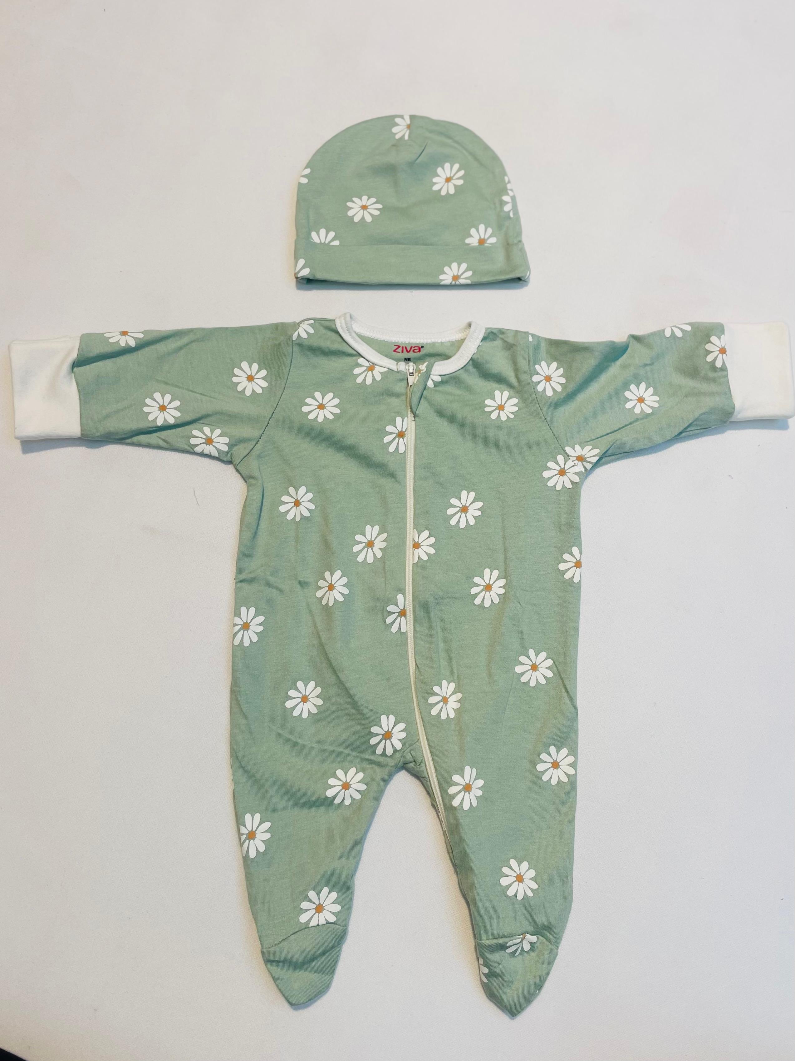 Infant Flower Print Sleepsuit/Cap