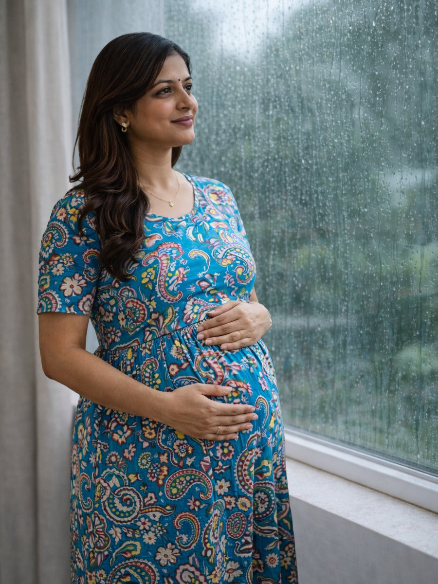 Ziva Teal Blue Paisley Gathered Zipless Maternity & Feeding Dress with Waist Tie & Pocket