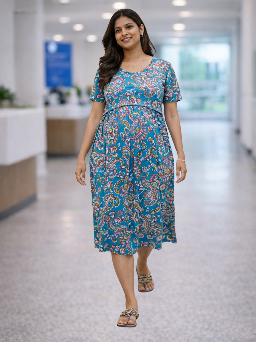 Ziva Teal Blue Paisley Gathered Zipless Maternity & Feeding Dress with Waist Tie & Pocket