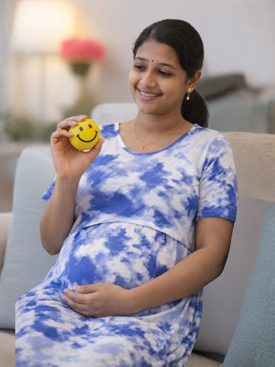 Ziva Blue Tie-Dye Gathered Zipless Maternity & Feeding Dress with Waist Tie & Pocket