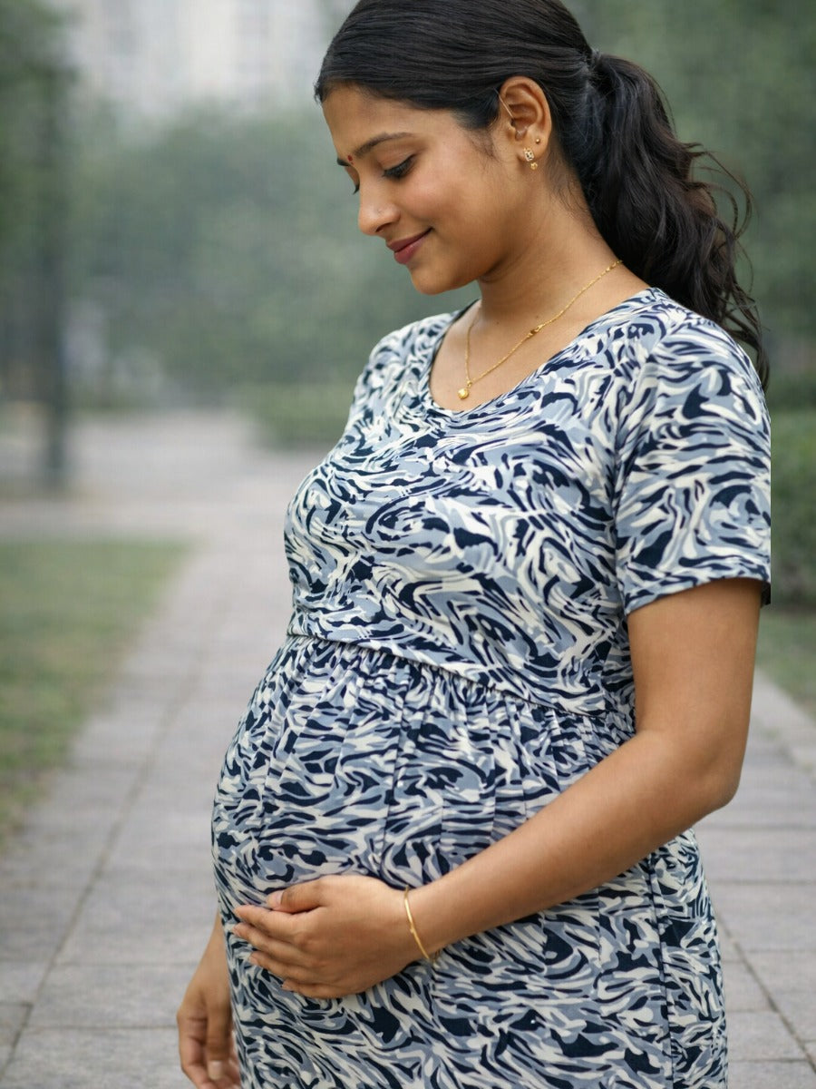Ziva Grey Abstract Print Gathered Zipless Maternity & Feeding Dress with Waist Tie & Pocket