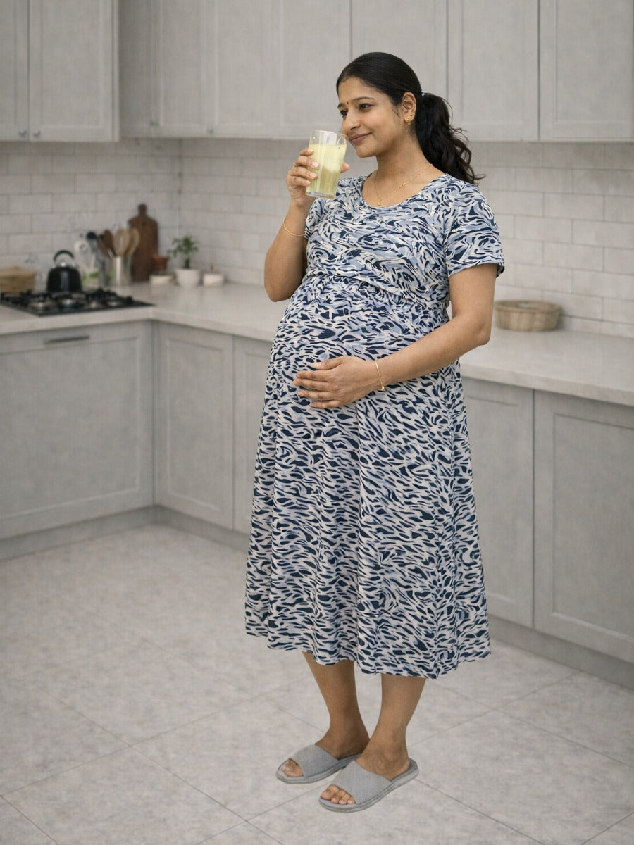 Ziva Grey Abstract Print Gathered Zipless Maternity & Feeding Dress with Waist Tie & Pocket