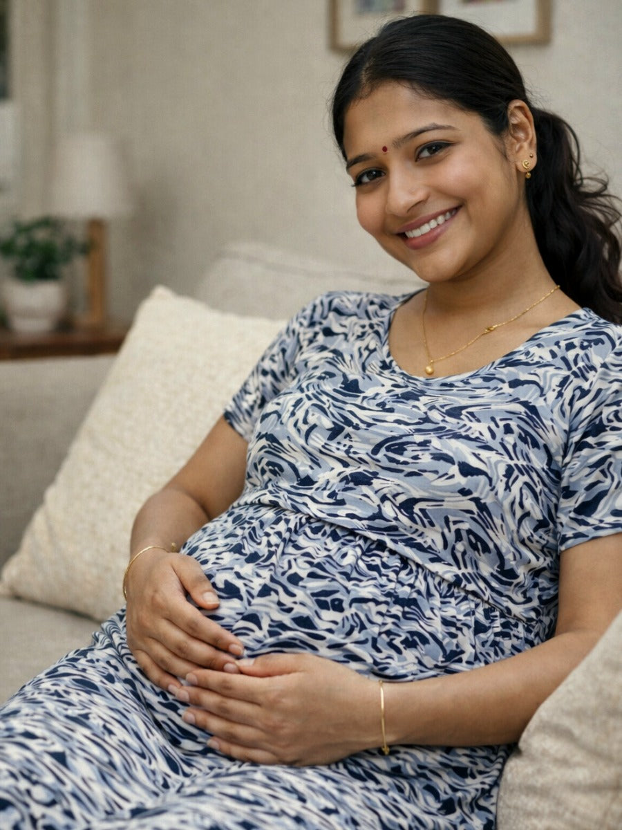 Ziva Grey Abstract Print Gathered Zipless Maternity & Feeding Dress with Waist Tie & Pocket