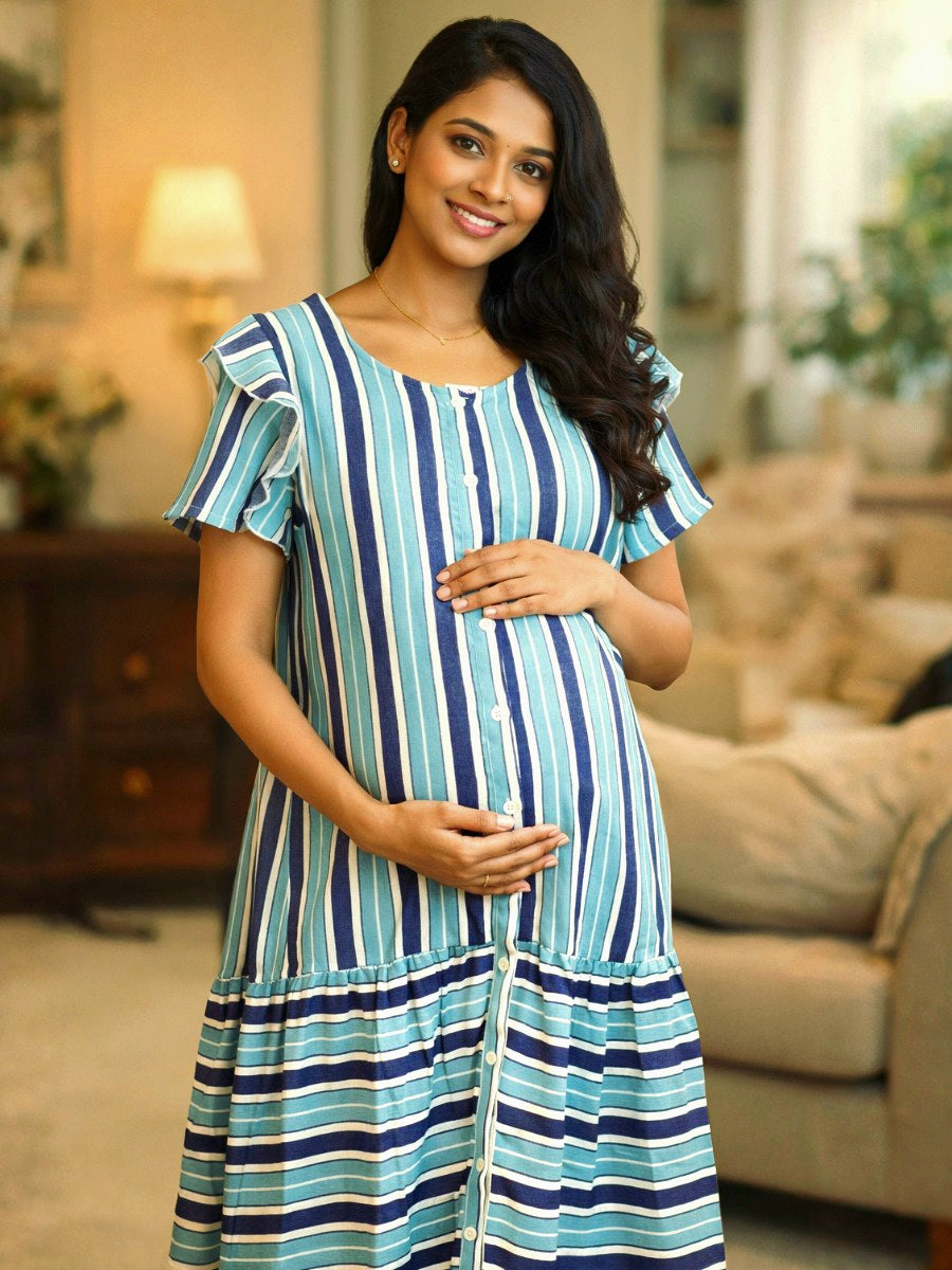 Blue & White Striped Crushed Fabric Maternity & Nursing Full Open Short Nighty