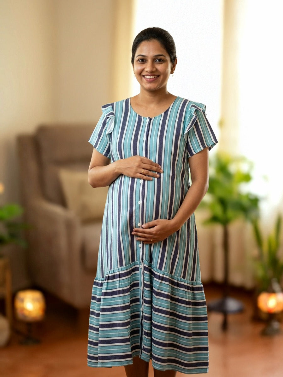 Blue & White Striped Crushed Fabric Maternity & Nursing Full Open Short Nighty