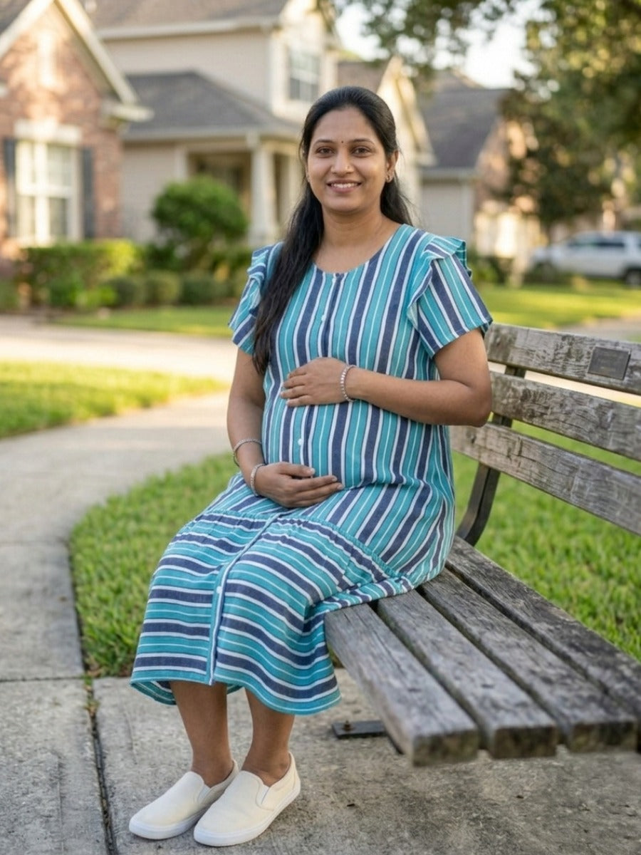 Blue & White Striped Crushed Fabric Maternity & Nursing Full Open Short Nighty