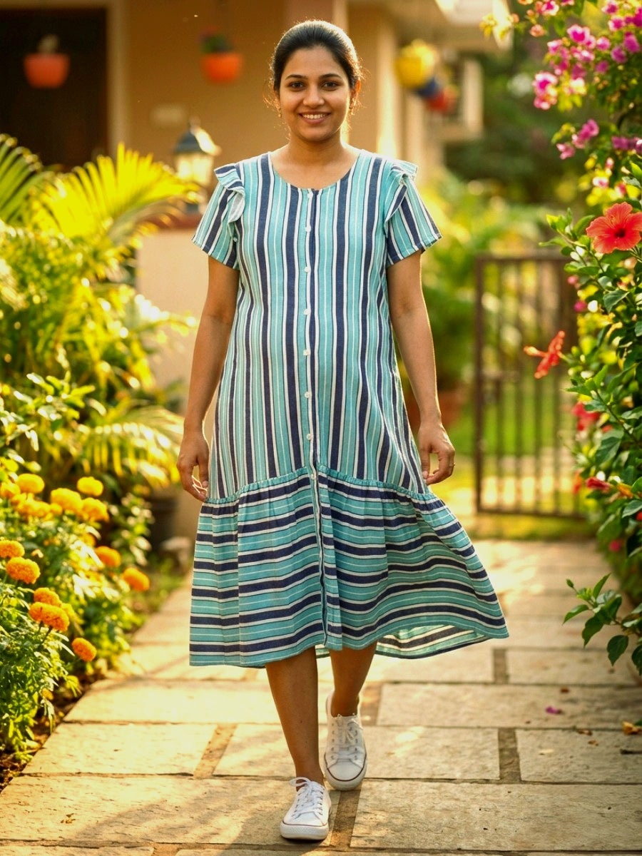 Blue & White Striped Crushed Fabric Maternity & Nursing Full Open Short Nighty