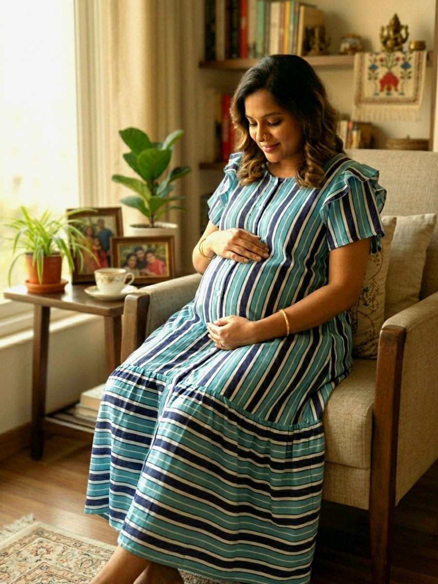 Blue & White Striped Crushed Fabric Maternity & Nursing Full Open Short Nighty