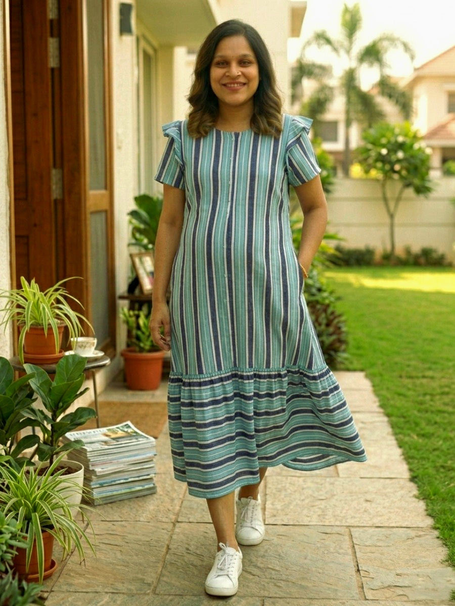 Blue & White Striped Crushed Fabric Maternity & Nursing Full Open Short Nighty