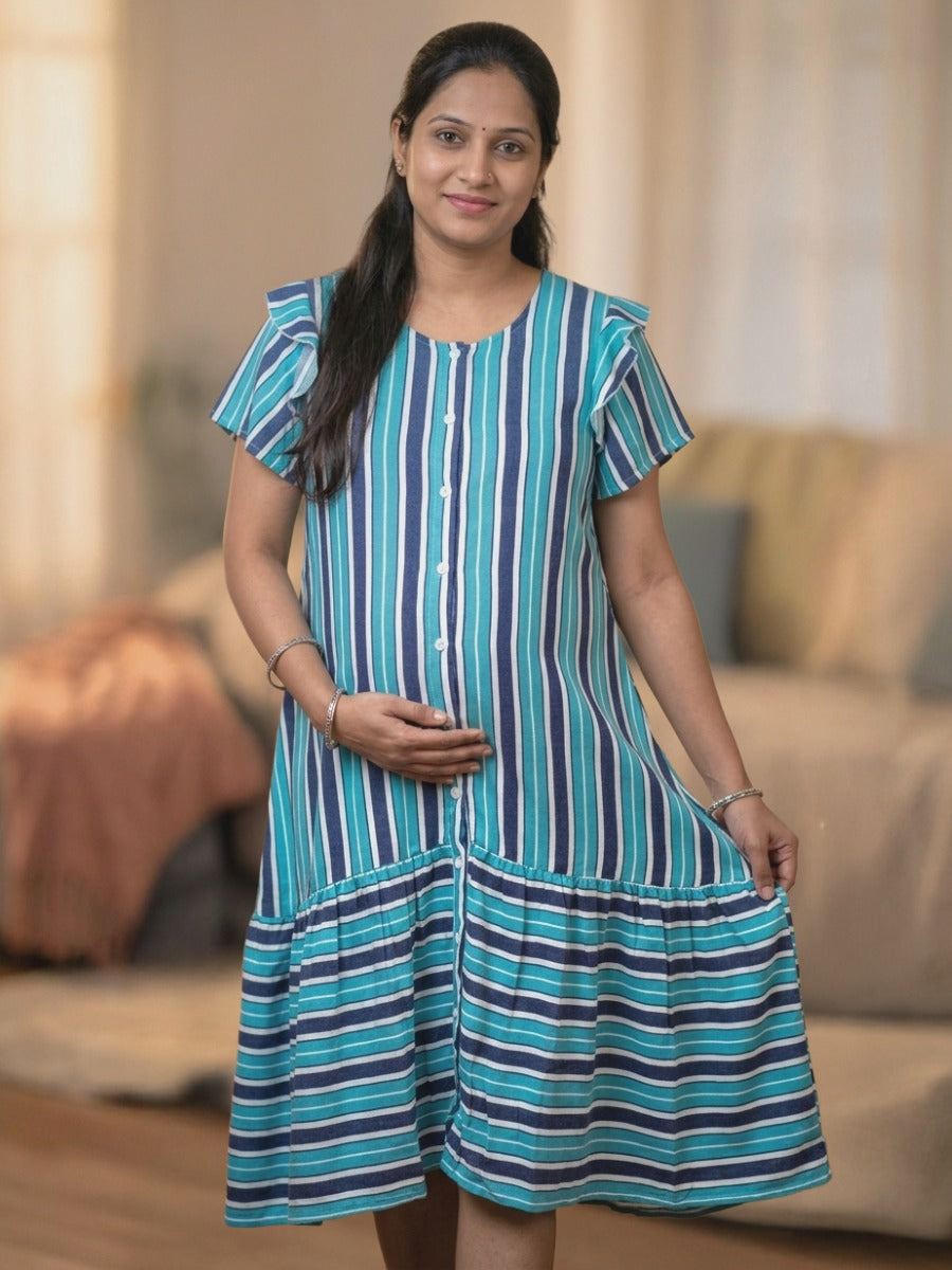 Blue & White Striped Crushed Fabric Maternity & Nursing Full Open Short Nighty