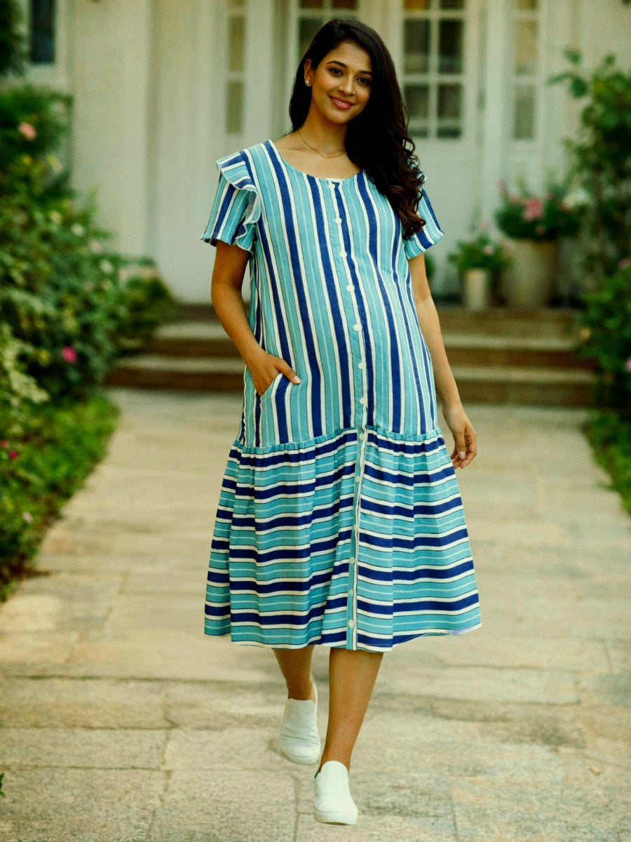 Blue & White Striped Crushed Fabric Maternity & Nursing Full Open Short Nighty