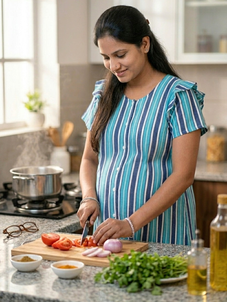 Blue & White Striped Crushed Fabric Maternity & Nursing Full Open Short Nighty