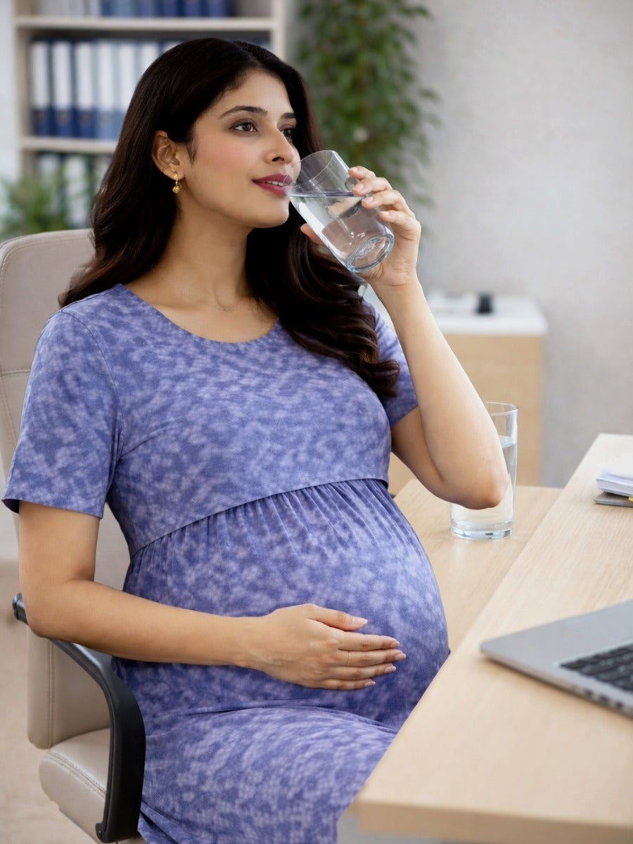 Blue Geometric Tie-Dye Zipless Maternity & Nursing Gathered Dress with Adjustable Tie & Pocket