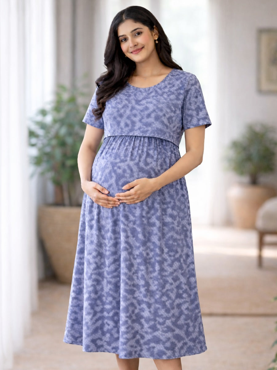 Blue Geometric Tie-Dye Zipless Maternity & Nursing Gathered Dress with Adjustable Tie & Pocket