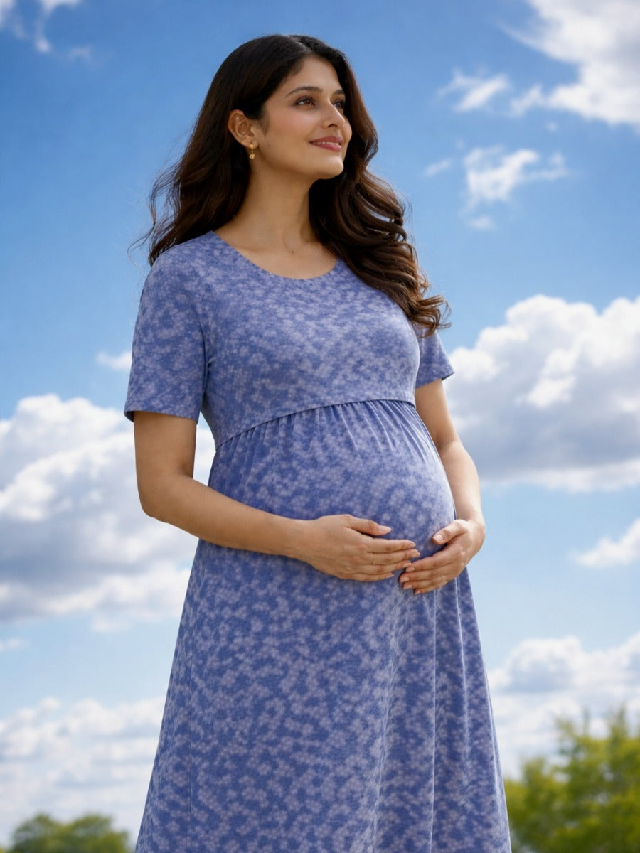 Blue Geometric Tie-Dye Zipless Maternity & Nursing Gathered Dress with Adjustable Tie & Pocket