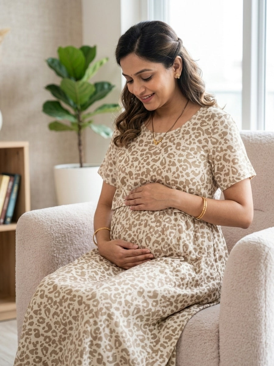 Ziva Cream Leopard Print Zipless Nursing & Maternity Gathered Dress with Pockets