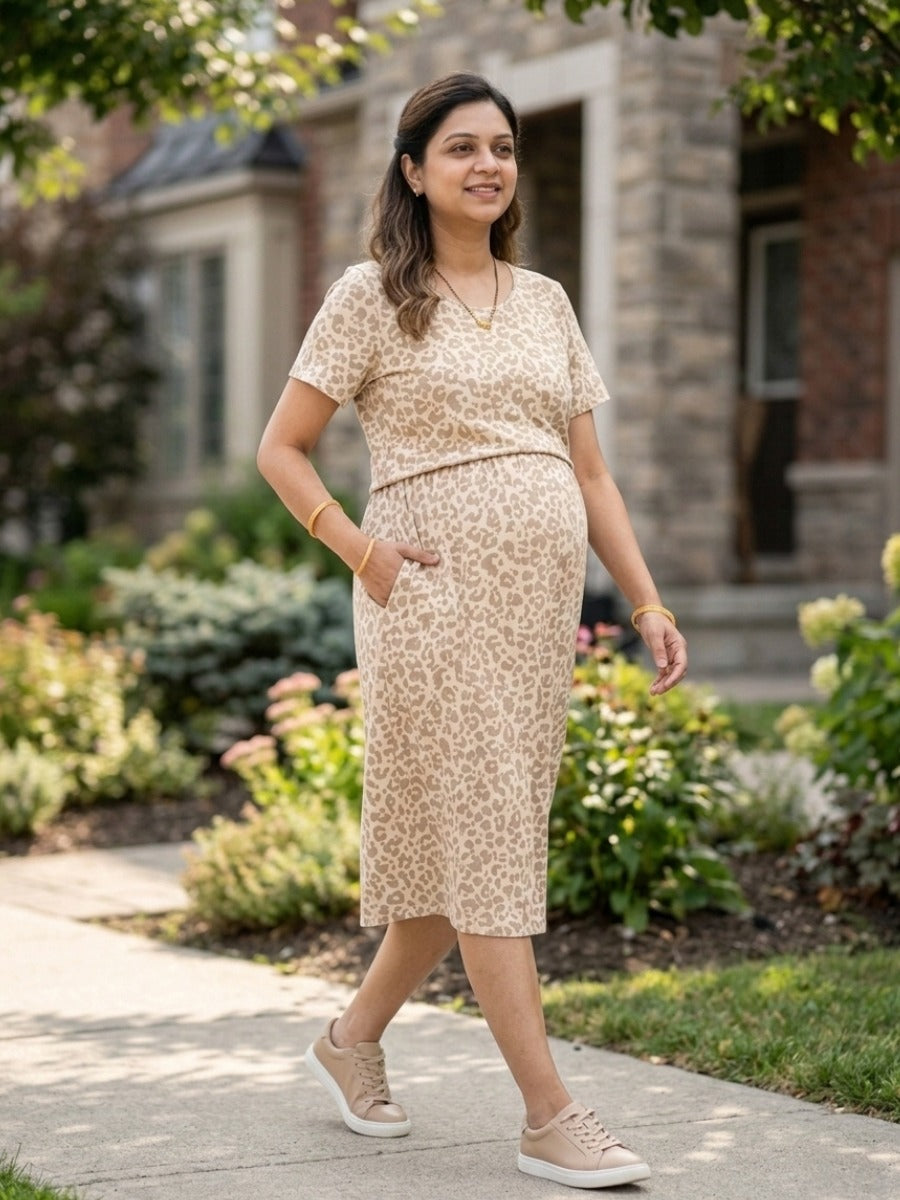 Ziva Cream Leopard Print Zipless Nursing & Maternity Gathered Dress with Pockets