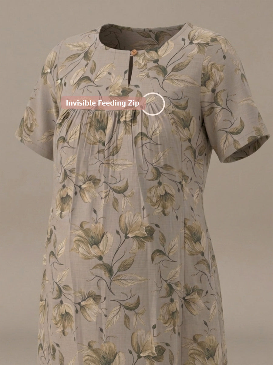 Ziva Maternity & Feeding Cotton Short Nighty with Zip & Pocket – Ash Green Floral