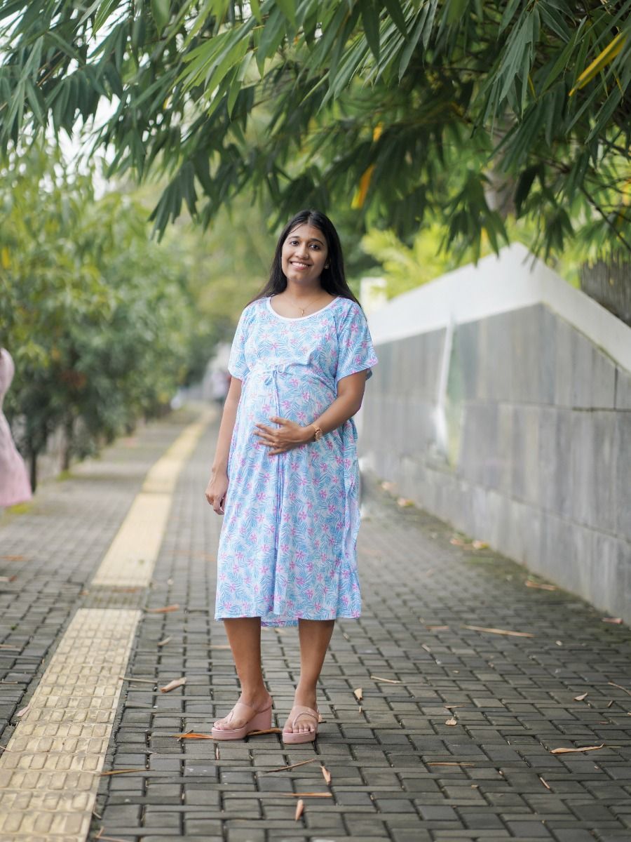 Maternity Short Night Gown Kaftan- L Blue