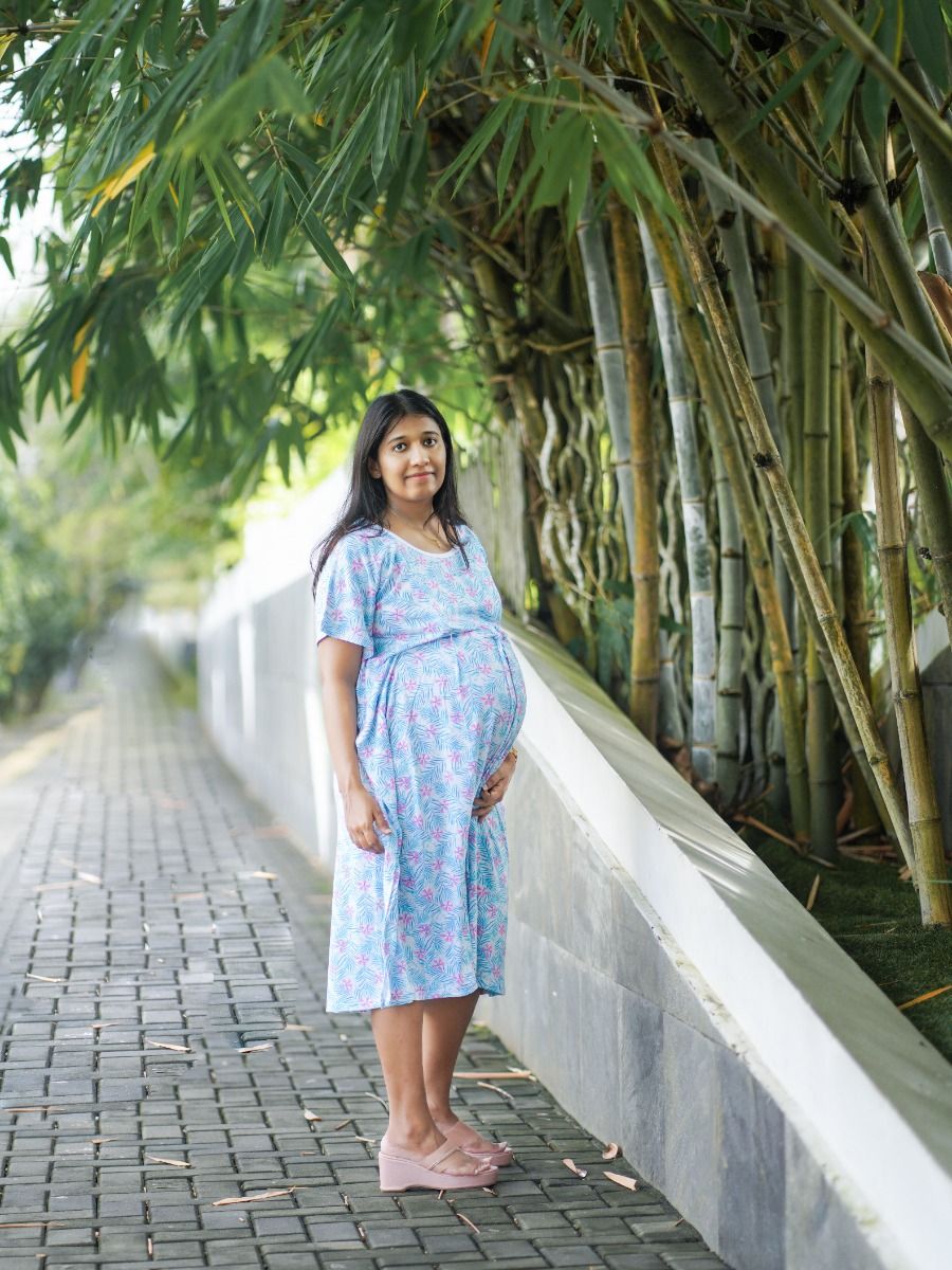 Maternity Short Night Gown Kaftan- L Blue