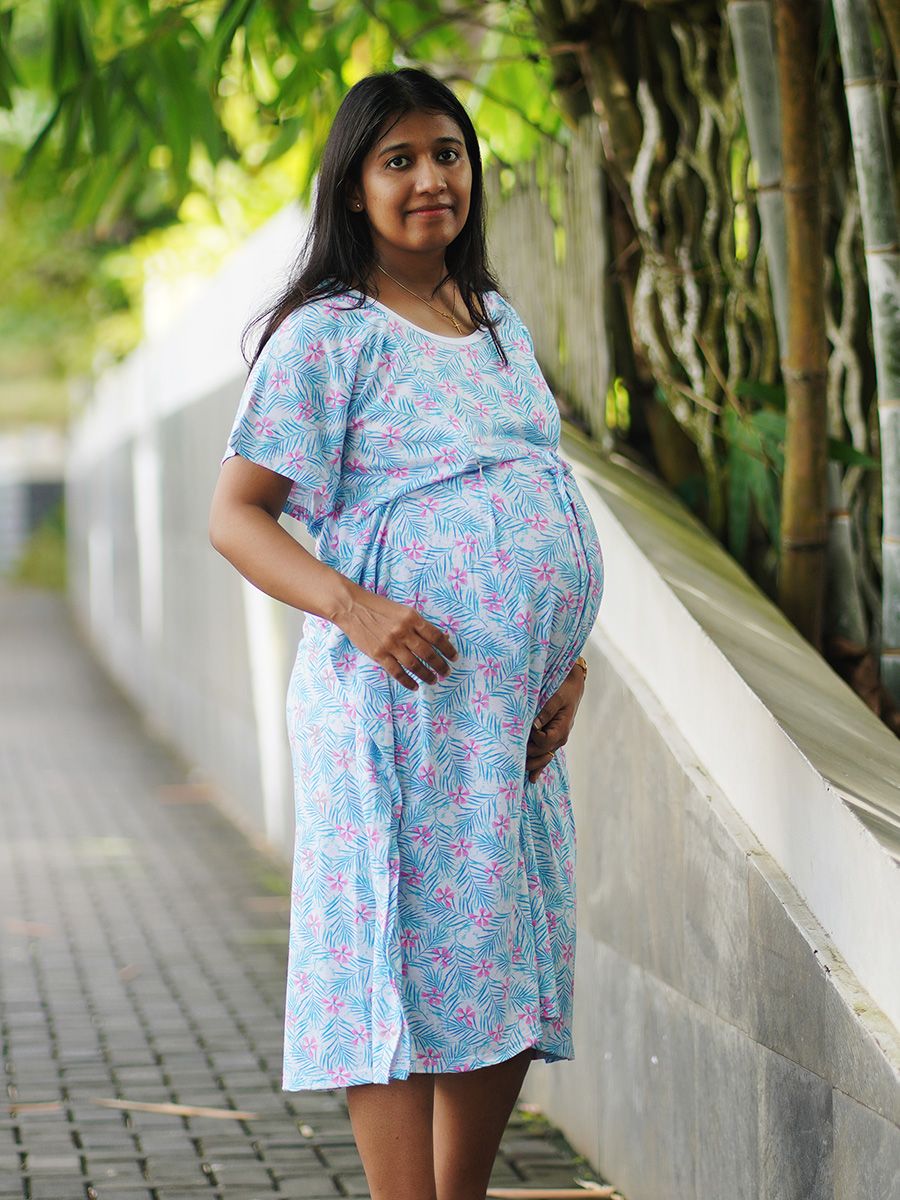 Maternity Short Night Gown Kaftan- L Blue