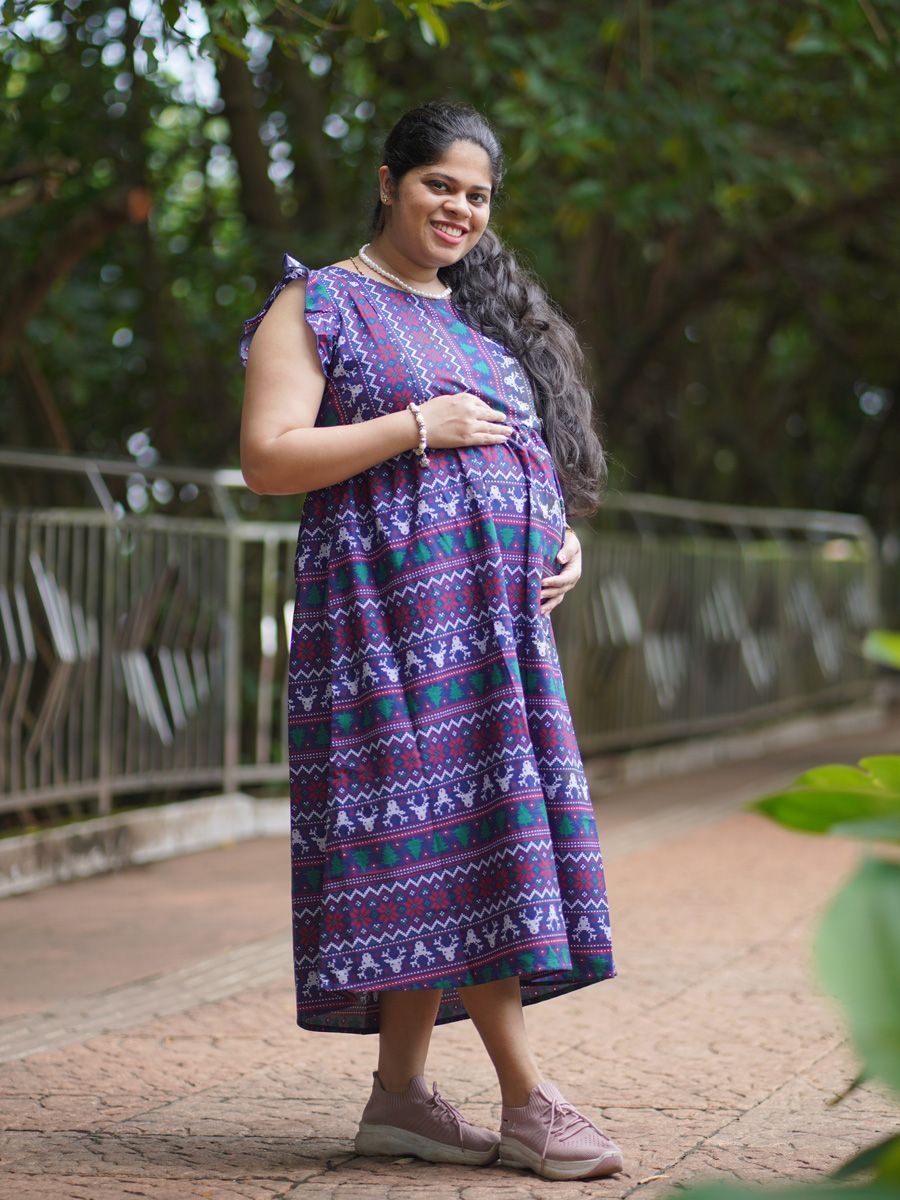Maternity Midi Woven Dress Navy Blue
