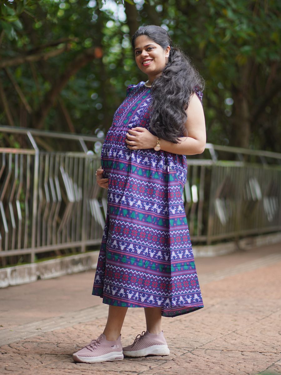Maternity Midi Woven Dress Navy Blue