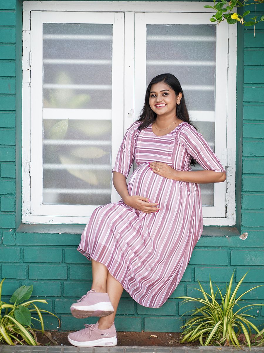 Maternity Short Dress- Lines (Light Purple)
