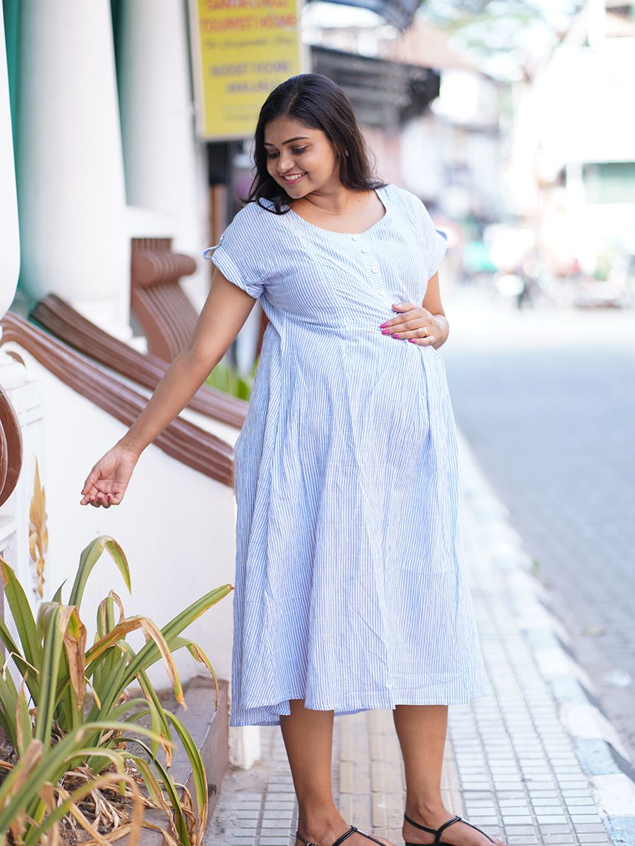 Maternity Short Dress- Lines (Light Blue)