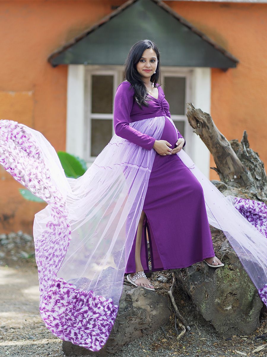 Maternity Baby Shower Knit/Net Gown- Purple