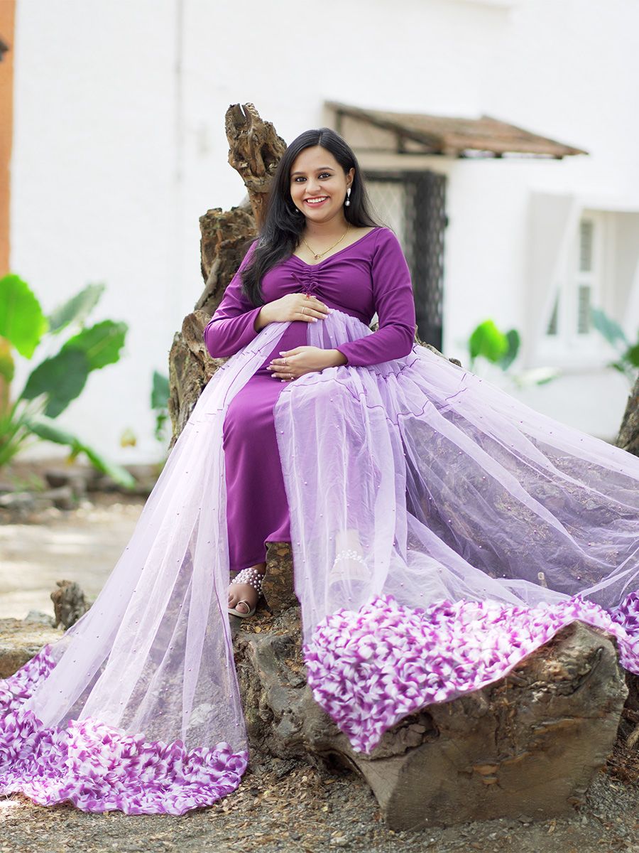 Maternity Baby Shower Knit/Net Gown- Purple