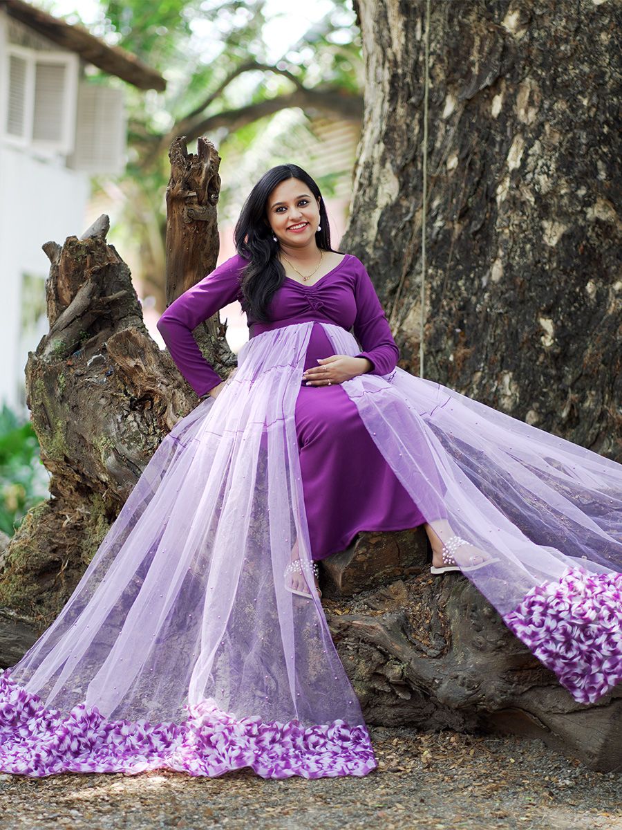 Maternity Baby Shower Knit/Net Gown- Purple