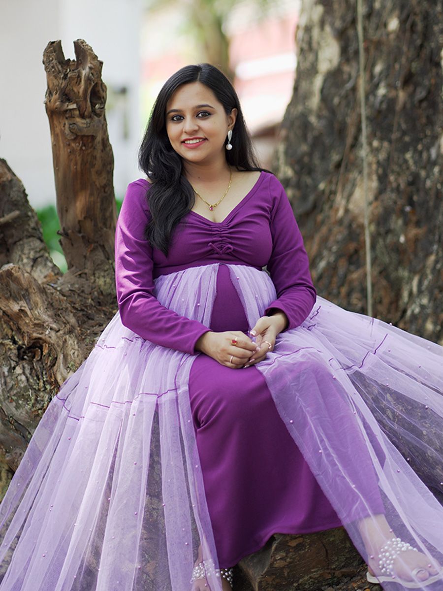 Maternity Baby Shower Knit/Net Gown- Purple