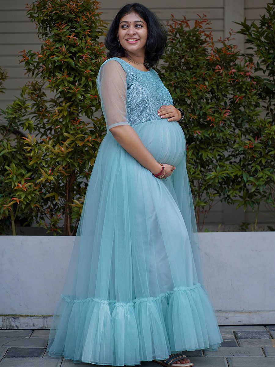 aqua blue maternity dress V Neck Maternity Dress for Photoshoot Puffy Sleeve Chiffon Pregnancy Gowns Long Baby Shower Dress, Aqua, 2 at Amazon Women's Clothing store