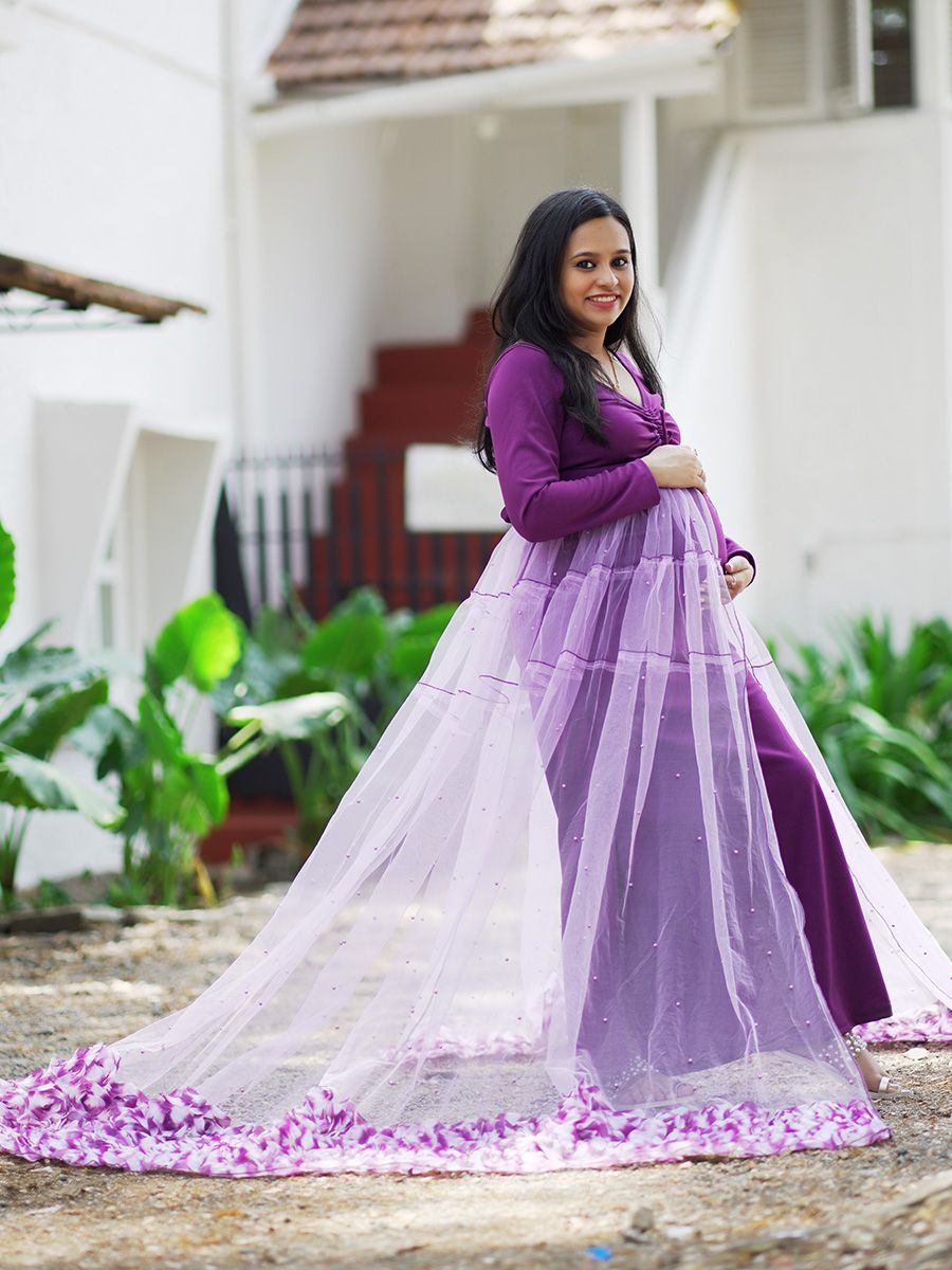 Maternity Baby Shower Knit/Net Gown- Purple