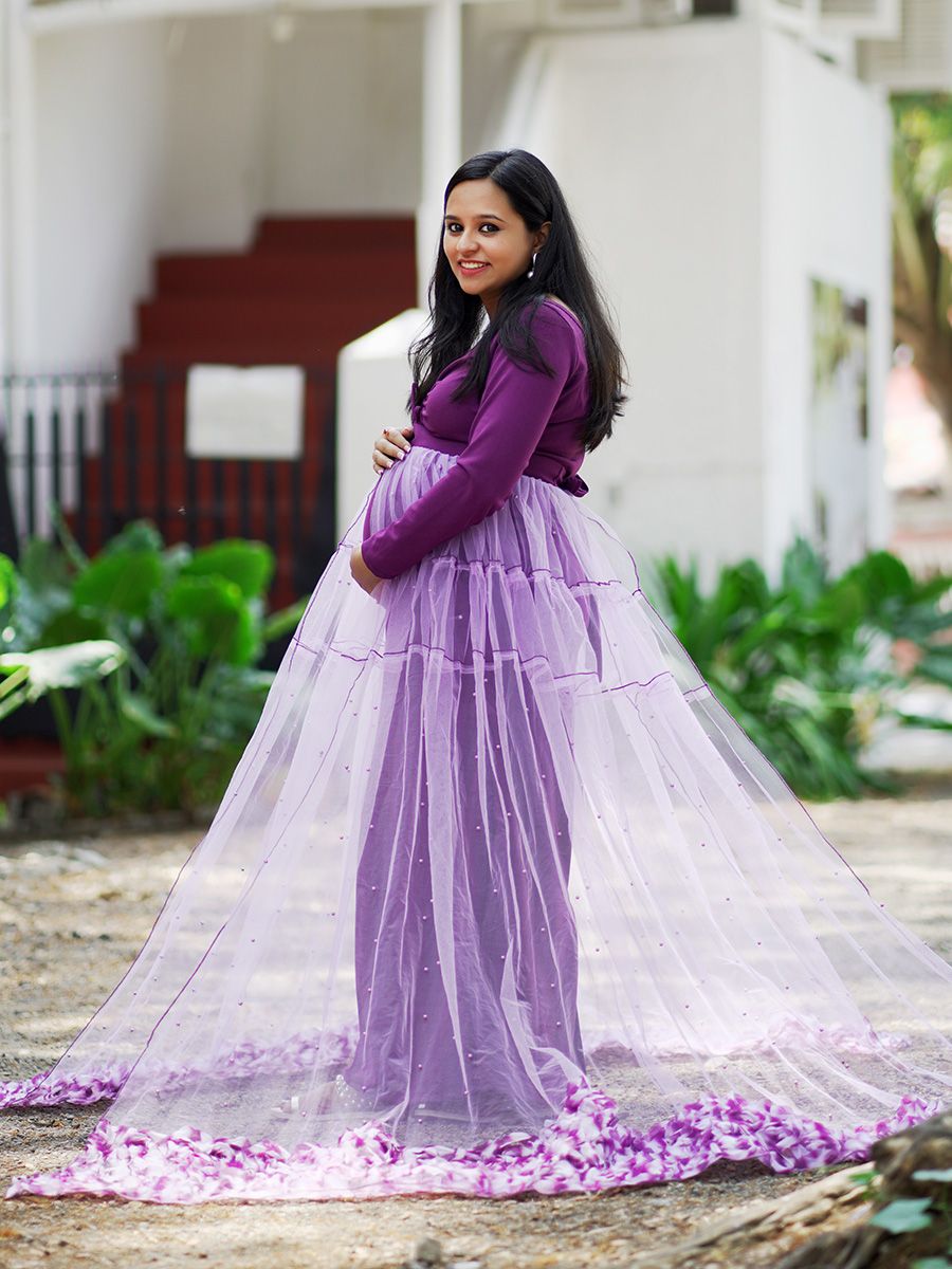 Maternity Baby Shower Knit/Net Gown- Purple