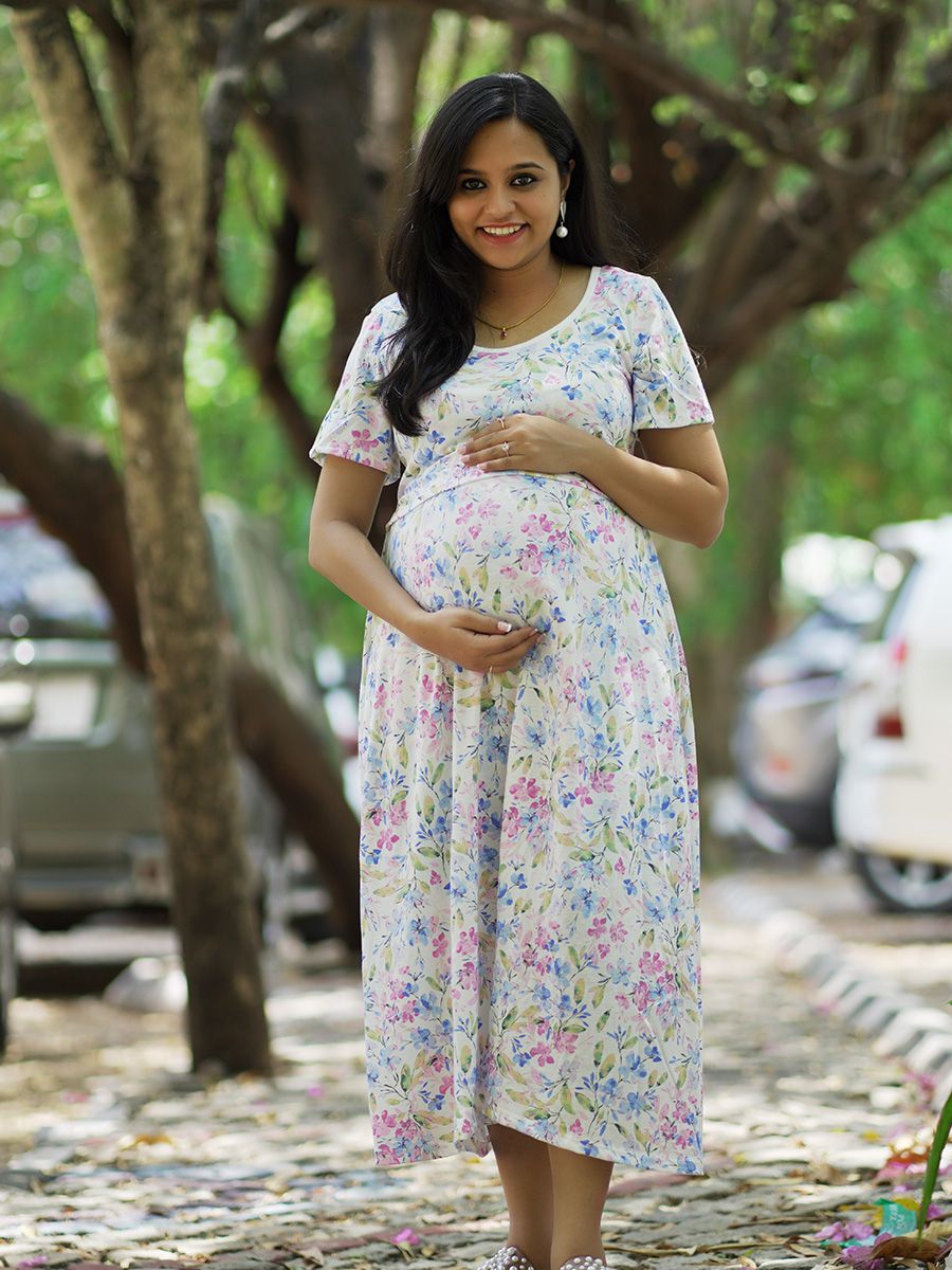 Maternity Short Zipless Dress-  Gilda Blue Flower