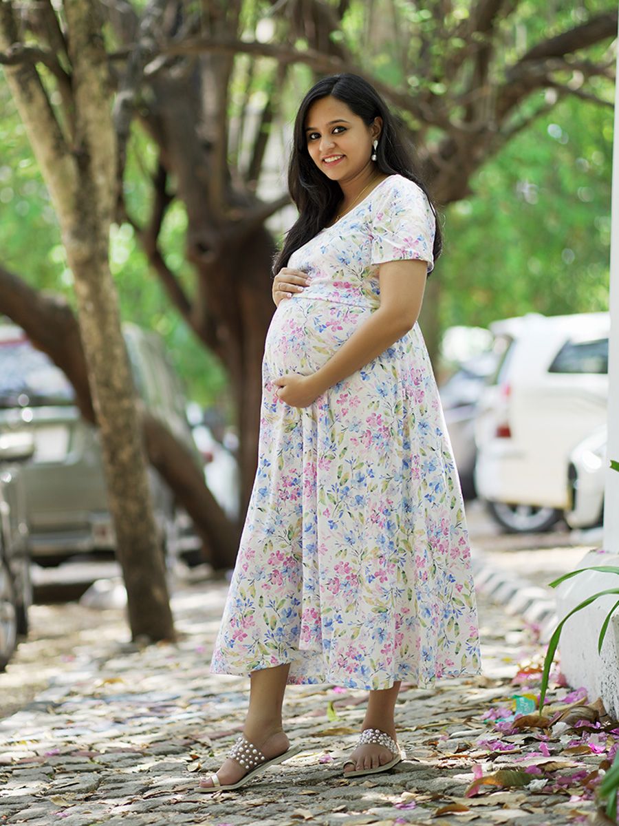 Maternity Short Zipless Dress-  Gilda Blue Flower