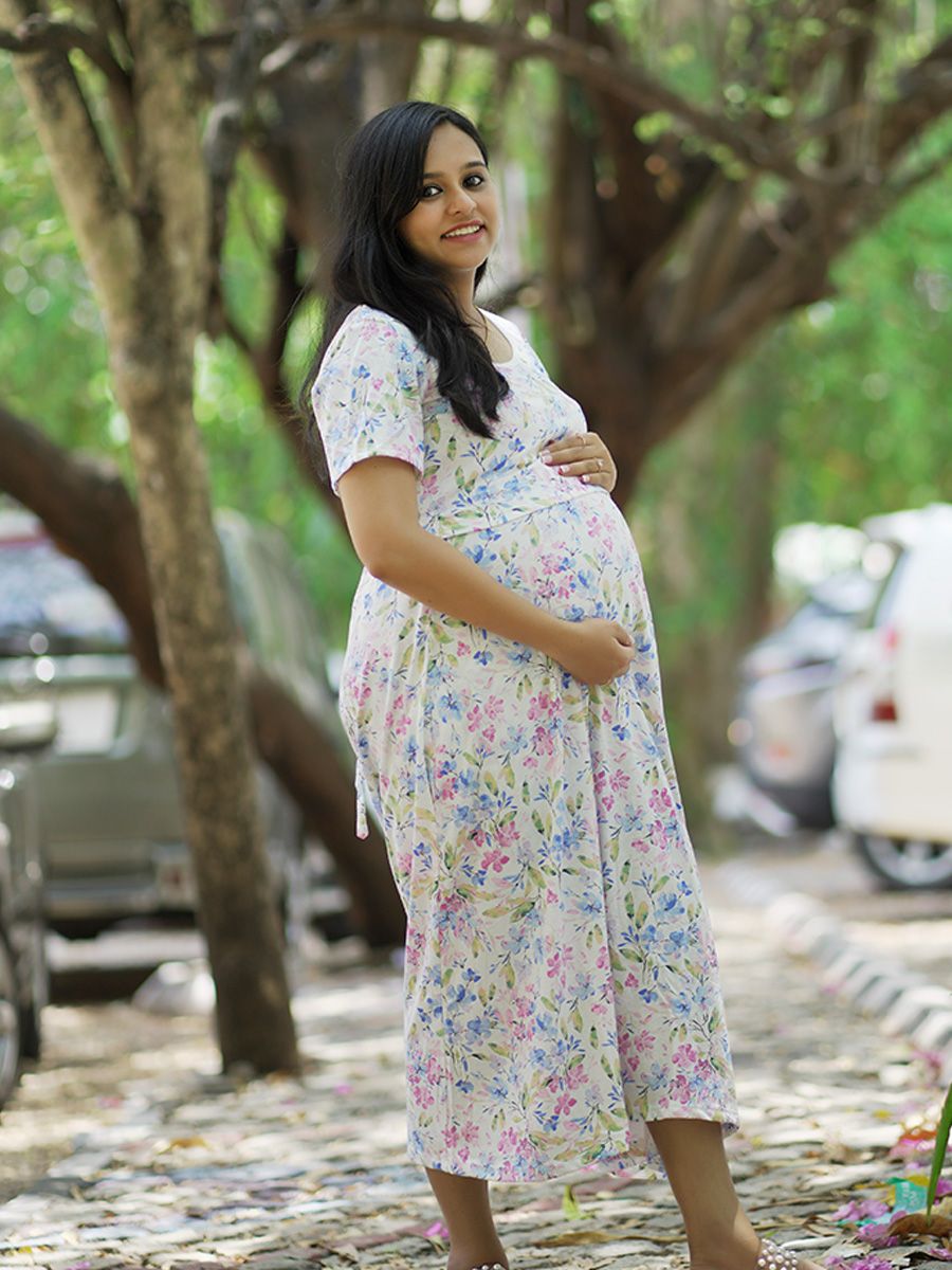 Maternity Short Zipless Dress-  Gilda Blue Flower